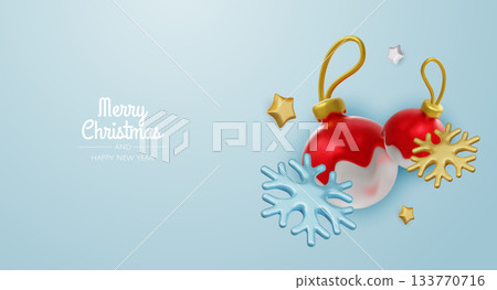 Christmas holiday background. Christmas greeting banner with snowflakes, 3d decoration elements. For holiday headers, banners, party posters Christmas holiday background. Christmas greeting banner with snowflakes, 3d decoration elements. For holiday headers, banners, party posters 133770716