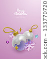 Happy New Year and Merry Christmas. Christmas holiday background with realistic 3d objects, bauble balls, conical metal stars. Levitation falling design composition. 133770720