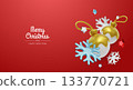 Minimal Christmas layout featuring gold ornaments, stars and snowflakes, ideal for holiday cards, banners and festive branding 133770721