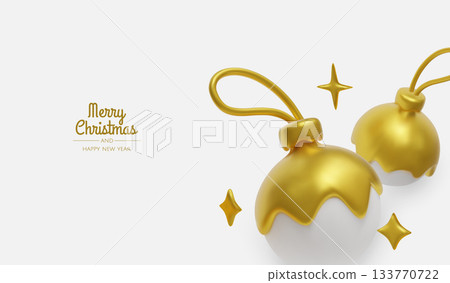 Festive greeting card design with elegant gold decorations and soft white elements for Christmas and New Year themes 133770722