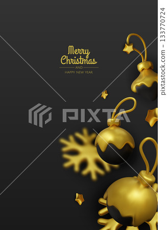 Modern black and gold Christmas design with decorative baubles and snowflakes, great for upscale holiday graphics, social media posts, and advertisements. 133770724