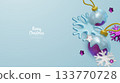 Modern blue-and-white Christmas decoration scene with ornaments, snowflakes, and trees, offering a clean, stylish layout for winter holiday projects. 133770728