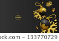 Elegant black and gold Christmas background with shiny ornaments and snowflakes, perfect for luxury holiday greetings, banners, and festive advertising designs 133770729