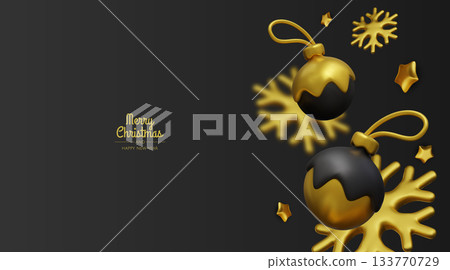 Elegant black and gold Christmas background with shiny ornaments and snowflakes, perfect for luxury holiday greetings, banners, and festive advertising designs 133770729