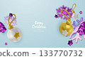 Happy New Year and Merry Christmas. Christmas holiday background with realistic 3d objects, bauble balls, conical metal stars. Levitation falling design composition. 133770732