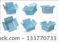 Set of glossy blue open gift boxes in different angles, perfect for luxury packaging design, branding, mockups, and festive promotions. 133770733