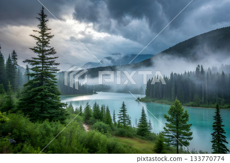 coniferous forest on a foggy morning 133770774