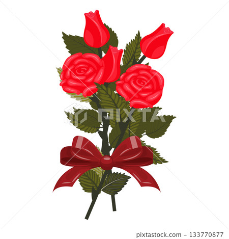 A bouquet of bright red roses with a large scarlet bow.  133770877