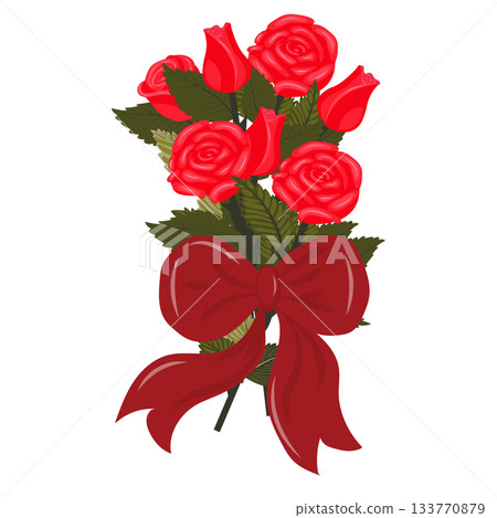 A bouquet of bright red roses with a large scarlet bow. A bouquet of bright red roses with a large scarlet bow. 133770879