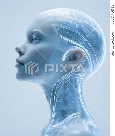 A human portrait with subtle biotech implant lines glowing under cool soft light clean futuristic style showing harmony between biology and advanced technology ultra clear details white and icy blue 133770882