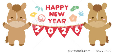馬與2026年新年花環 新年賀卡插圖04 133770899