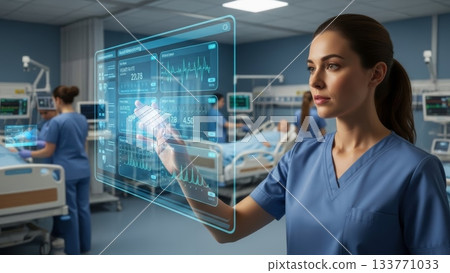 Nurse Interacting with Holographic Dashboard for Patient Monitoring Nurse Interacting with Holographic Dashboard for Patient Monitoring 133771033