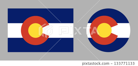 Colorado rectangle, circle flag badges. State of Colorado symbol icons. USA circular, rectangular shape button, banner set. 133771133