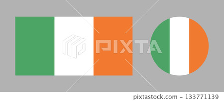 Flag of Ireland. Flag rectangle, circle icon set. Round, rectangular Irish flag badges. Standard colours. Flag of Ireland. Flag rectangle, circle icon set. Round, rectangular Irish flag badges. Standard colours. 133771139