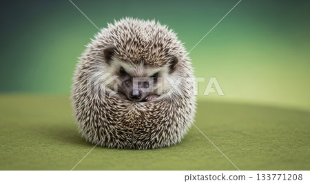 Adorable Hedgehog Curled Up on Soft Green Background Adorable Hedgehog Curled Up on Soft Green Background 133771208