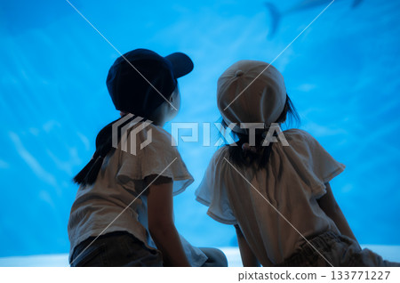 孩子們正在觀看水族館裡的大魚缸。 133771227