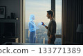 Innovative Futuristic Lifestyle of Man Interacting with Hologram Partner 133771389