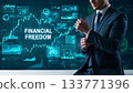 Businessman Adjusting Cuff with Holographic Financial Background 133771396
