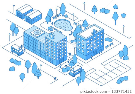 Isometric hospital. District with clinic, ambulance cars, emergency department. City park with walking people, pond and plants. City architecture nifty vector scene Isometric hospital. District with clinic, ambulance cars, emergency department. City park with walking people, pond and plants. City architecture nifty vector scene 133771431