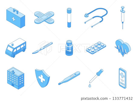 Isometric line medical icons. Isolated hospital building, ambulance car, pills and first aid kit. Medicine outline elements, surgery, telemedicine, nifty vector set 133771432