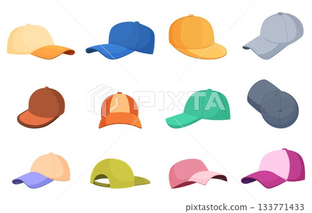 Sport caps isolated icons. Head accessories for cashier, promoter, merchandiser, athletes. Summer heat and light safety headband, sapid vector clipart Sport caps isolated icons. Head accessories for cashier, promoter, merchandiser, athletes. Summer heat and light safety headband, sapid vector clipart 133771433