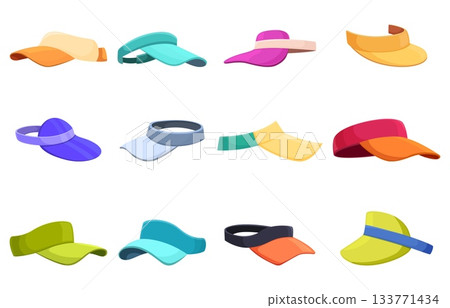 Summer visor caps. Face safety from sun light. Sport head accessories, cartoon visors for golf, tennis, baseball, ping pong. Cashier or athletic headband sapid vector set Summer visor caps. Face safety from sun light. Sport head accessories, cartoon visors for golf, tennis, baseball, ping pong. Cashier or athletic headband sapid vector set 133771434