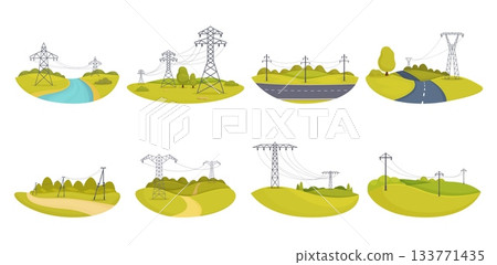 Power transmission infrastructure. High voltage wires on nature, in valley and forest. Electric energy wire, energy network grid, sapid vector scenes 133771435