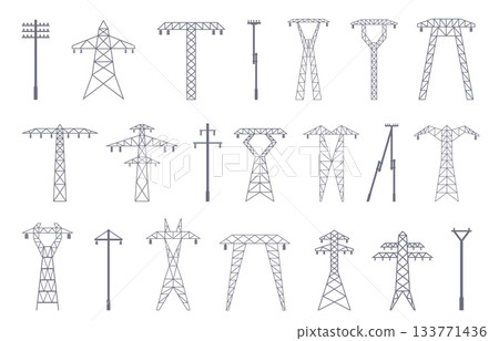 Electric pylons flat icons. Line poles silhouettes, high voltage pylon. Isolated power transmission infrastructure, energy network elements, sapid vector set 133771436