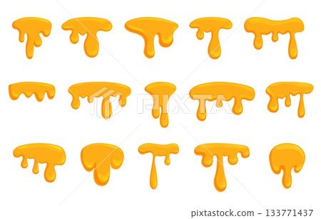 Cartoon honey drops. Dripping liquid caramel, flows beekeeping products. Isolated raw honey elements, tasty sweet flows sapid vector clipart 133771437