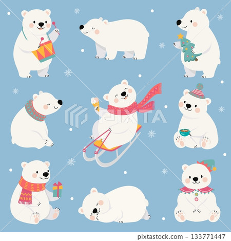 Cartoon polar bear. Funny white bears, winter animal characters. North pole animals drink tea, sledding, hold gift box, sleeping. Children mascots nowaday vector set Cartoon polar bear. Funny white bears, winter animal characters. North pole animals drink tea, sledding, hold gift box, sleeping. Children mascots nowaday vector set 133771447