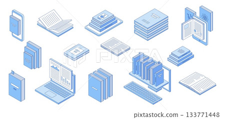 Isometric digital library. E reading, books on computer, tablet and smartphone screen. Online learning, bookstore shelf, education, nifty vector set Isometric digital library. E reading, books on computer, tablet and smartphone screen. Online learning, bookstore shelf, education, nifty vector set 133771448