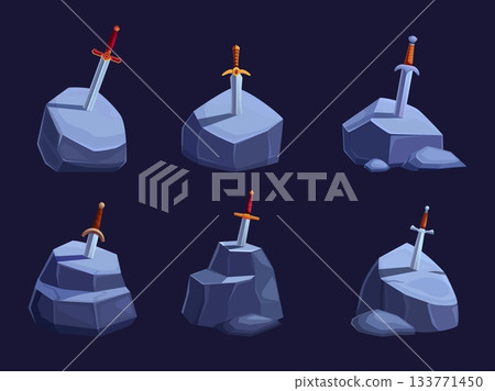 Swords in stones. Fairy tale fantasy elements. Cartoon iron sword in rock. Medieval children story, excalibur, landscape sapid vector elements 133771450