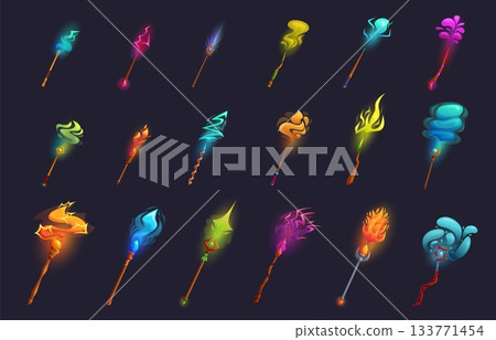 Witch light effects. Wooden magic wands and staffs in spells process. Vibrant lightning effect. Cartoon magical power elements, fairy tale sapid vector set Witch light effects. Wooden magic wands and staffs in spells process. Vibrant lightning effect. Cartoon magical power elements, fairy tale sapid vector set 133771454