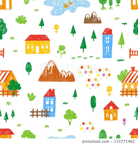 Pencil drawing seamless pattern. Children drawn crayon village houses, tree, flowers, lake and mountain. Nature countryside print, nursery vector background Pencil drawing seamless pattern. Children drawn crayon village houses, tree, flowers, lake and mountain. Nature countryside print, nursery vector background 133771462