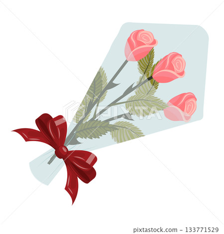 A bouquet of three cute pink roses wrapped in wrapping paper with a red ribbon bow. A bouquet of three cute pink roses wrapped in wrapping paper with a red ribbon bow. 133771529