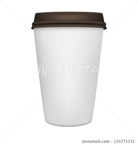 White Paper Coffee Cup with Brown Lid. Disposable Coffee Cup To Go, Blank Paper Coffee Cup for Takeaway Coffee, Branding, Cafe and Restaurant Hot Drink Packaging 133771532