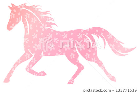 Illustration of a running horse, material for New Year's cards in the Year of the Horse, pink Japanese pattern, cherry blossom pattern 133771539