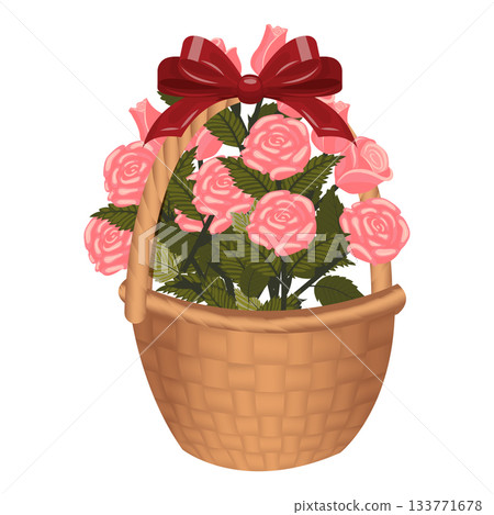 A bouquet of pink roses in a basket tied with a bow. A bouquet of pink roses in a basket tied with a bow. 133771678