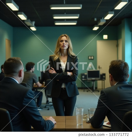 Woman leads a meeting in a modern office setting Generative AI 133771772
