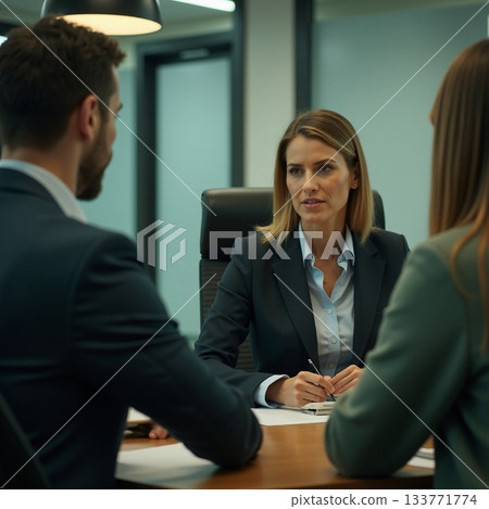 Meeting in a modern office with focused discussions and insights Generative AI 133771774