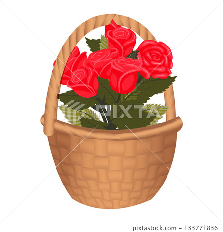A bouquet of bright red roses in a basket tied with a scarlet bow. A bouquet of bright red roses in a basket tied with a scarlet bow. 133771836