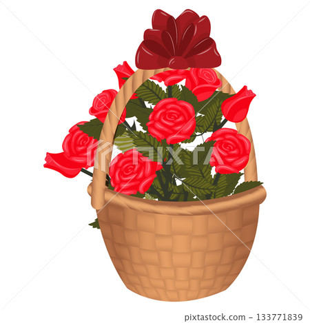 A bouquet of bright red roses in a basket tied with a scarlet bow. A bouquet of bright red roses in a basket tied with a scarlet bow. 133771839