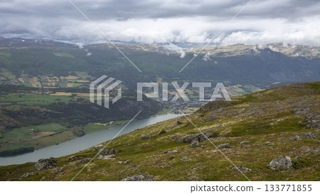 View of Lake Vagavatnet from Kleivhoe Mountain in Randen, Norway on a cloudy day View of Lake Vagavatnet from Kleivhoe Mountain in Randen, Norway on a cloudy day 133771855