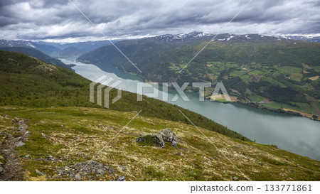 View of Lake Vagavatnet from Kleivhoe Mountain in Randen, Norway surrounded by nature and landscape 133771861