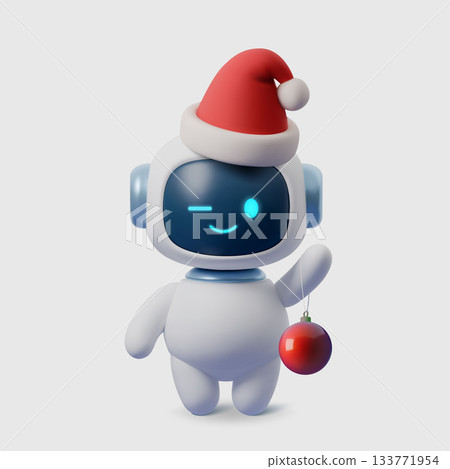 Cute 3D AI robot in Santa hat holding Christmas ornament. Festive holiday character for winter designs, tech greetings, New Year cards and digital illustrations 133771954