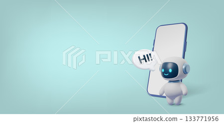 Cute 3D AI robot with a smartphone and Hi speech bubble. Friendly virtual assistant and chatbot concept for mobile apps, customer support, technology and digital communication 133771956