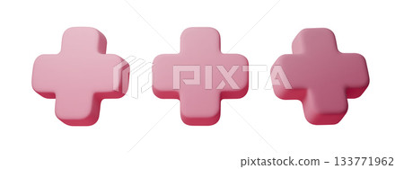 Soft pink 3D plus icons with smooth matte shapes. Minimal symbols for UI, stickers, buttons, health and design elements. Clean isolated render with modern rounded style 133771962