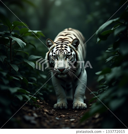 White Tiger stalking through the dense forest Generative AI 133772015