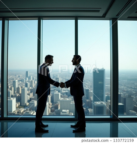 Two business partners shake hands with a city view Generative AI Two business partners shake hands with a city view Generative AI 133772159