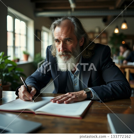 Man writing in a notebook in a cozy indoor cafe Generative AI Man writing in a notebook in a cozy indoor cafe Generative AI 133772162